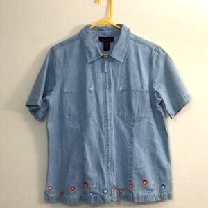 Vintage 90s Denim & Co Size Large Short Sleeve Embroidered Floral Shirt Zipper